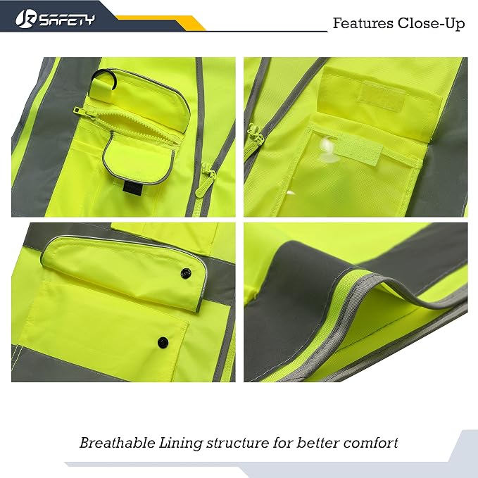 JKSafety 9 Pockets Class 2 High Visibility Zipper Front Safety Vest - Image 4
