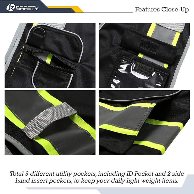 JKSafety 9 Pockets Hi-Vis Black Color Zipper Front Safety Vest Fluorescent - Image 4