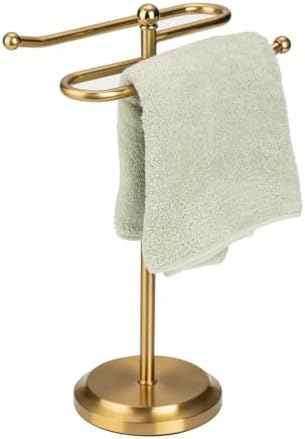 J&V TEXTILES Classical Steel Towel Rack Holder Stand with 2 Hanging Rings for Bathroom Vanity Countertops - Space Saving Hand Towel Holder (Aged Brass)