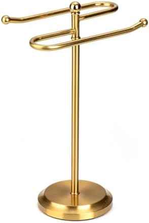 J&V TEXTILES Classical Steel Towel Rack Holder Stand with 2 Hanging Rings for Bathroom Vanity Countertops - Space Saving Hand Towel Holder (Aged Brass)