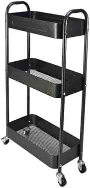 3 Tier Slim Metal Rolling Storage Cart for Laundry Room & Kitchen Organizer, 7.1'' Thin Standing Shelf for Narrow Spaces, Skinny Utility Cart with Wheels & Casters for Bathroom, Black