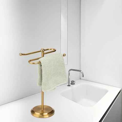 J&V TEXTILES Classical Steel Towel Rack Holder Stand with 2 Hanging Rings for Bathroom Vanity Countertops - Space Saving Hand Towel Holder (Aged Brass)