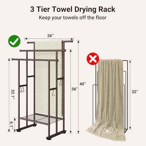ELYKEN 3 Tier Freestanding Towel Rack with Shelf, 40" H Towel Stand, Bronze