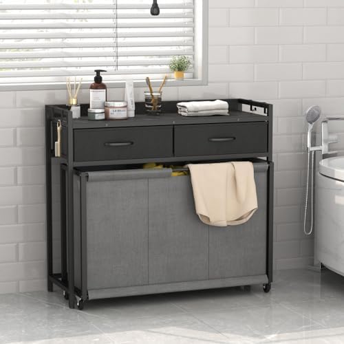 STIKELY Laundry Hamper Laundry Basket with 3 Section Pull-Out Rolling
