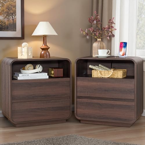 Standifurno Walnut Curved Nightstand Set of 2 with Charging Station