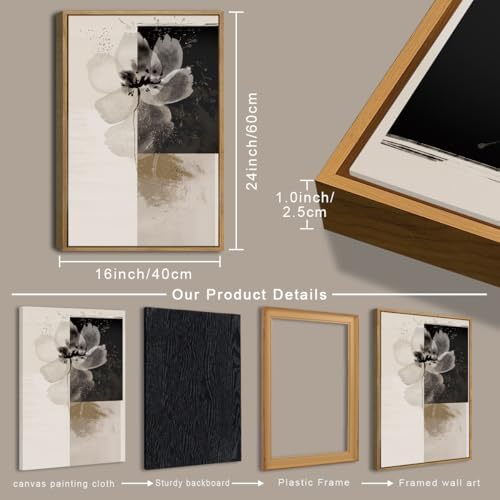 IARTTOP Neutral flower Framed Wall Art 16x24 Inch Black Beige Abstract