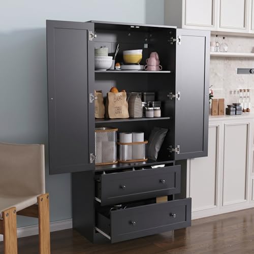 DIYART 64.2" Tall Black Kitchen Pantry, Storage Cabinet with Doors and