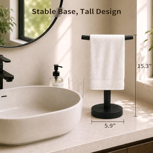 YUMORE Hand Towel Holder Stand for Bathroom & Kitchen, Freestanding T-Shape Towel Rack with Weighted Base, Matte Black