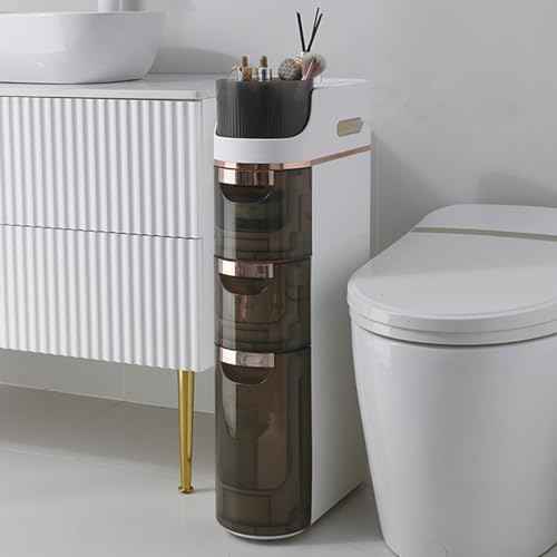4 Tiers Narrow Bathroom Storage Cabinet with 3 Drawers,Movable Bathroom Floor Storage Cabinet with and Tissue Holder,Slim Cabinet for Small Space,Bathroom, Kitchen