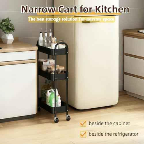 3 Tier Slim Metal Rolling Storage Cart for Laundry Room & Kitchen Organizer, 7.1'' Thin Standing Shelf for Narrow Spaces, Skinny Utility Cart with Wheels & Casters for Bathroom, Black