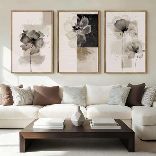 IARTTOP Neutral flower Framed Wall Art 16x24 Inch Black Beige Abstract