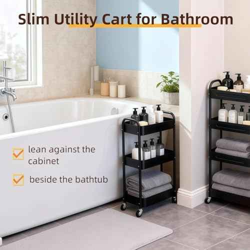 3 Tier Slim Metal Rolling Storage Cart for Laundry Room & Kitchen Organizer, 7.1'' Thin Standing Shelf for Narrow Spaces, Skinny Utility Cart with Wheels & Casters for Bathroom, Black