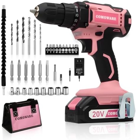 COMOWARE Cordless Drill Set, 20V Pink Power Drill Set for Women, 1
