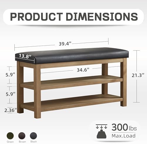 Zihanhome Shoe Rack Bench with Leather Cushion, 2 Tier Solid Wood