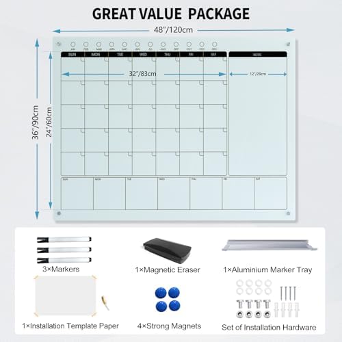 Magnetic Glass Whiteboard Calendar 48"x36" Glass Dry Erase Calender