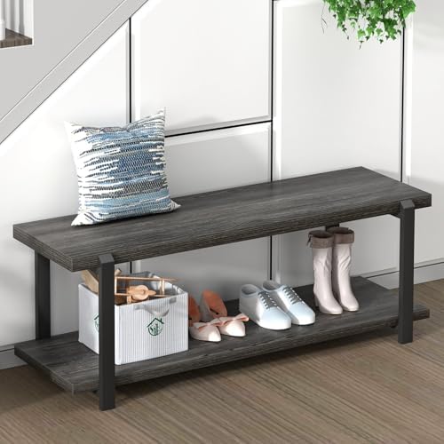 FOLUBAN 47 Inch Shoe Storage Bench, Rustic Wood and Metal Entryway