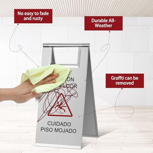 Kigley 2 Pcs Wet Floor Sign, 17 Inch Stainless Steel Caution Wet Floor