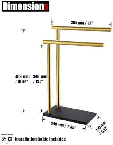 JQK Hand Towel Holder Stand Brushed Gold, Modern Tree Rack Free Standing for Countertop with 12 Inch 2 Bars, 304 Stainless Steel Golden, HTT172-BG
