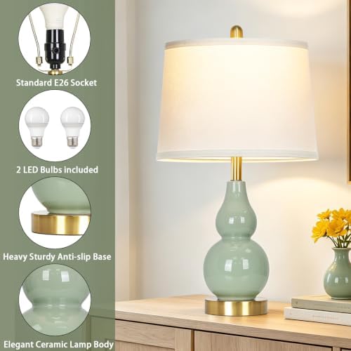 25" Green Double Gourd Ceramic Lamps Set of 2, Modern Ceramic Table