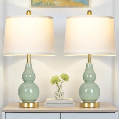 25" Green Double Gourd Ceramic Lamps Set of 2, Modern Ceramic Table