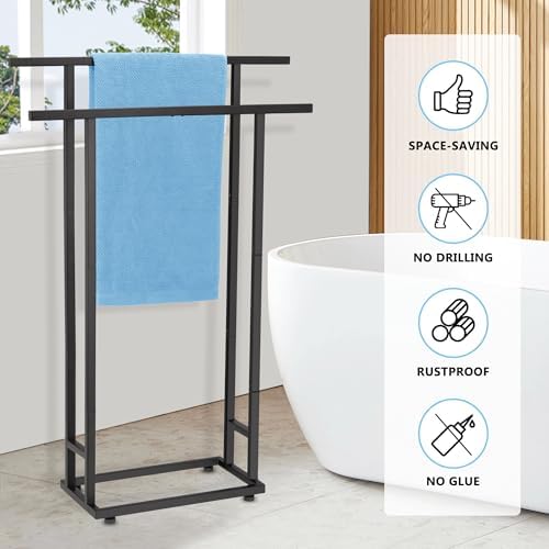 2-Tier Tall Towel Rack for Bathroom, Freestanding Towel Stand Drying Rack for Oversized Bath Towels, Poolside, Bathroom, Black, ALHAKIN