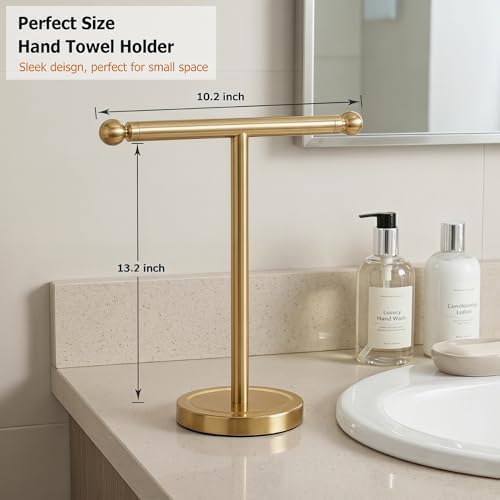 Hand Towel Holder, T-Shape Hand Towel Stand for Bathroom, Hand Towel Rack Bar Standing for Vanity Kitchen Countertop (Gold, Stainless Steel)