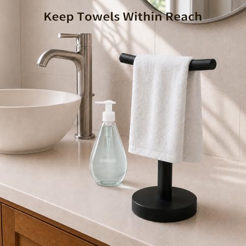YUMORE Hand Towel Holder Stand for Bathroom & Kitchen, Freestanding T-Shape Towel Rack with Weighted Base, Matte Black