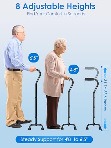 WHLICKS Quad Cane for Stability, Adjustable Walking Cane for Women &