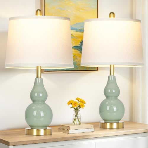 25" Green Double Gourd Ceramic Lamps Set of 2, Modern Ceramic Table