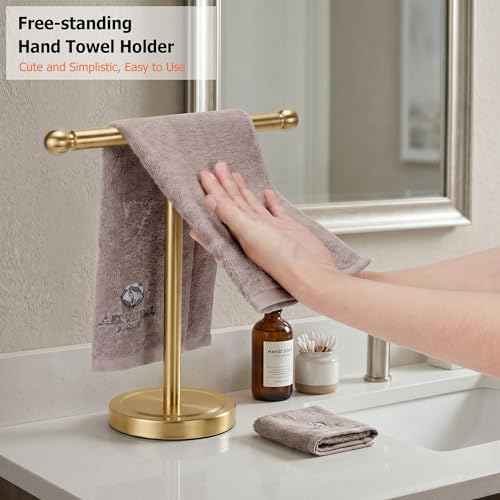 Hand Towel Holder, T-Shape Hand Towel Stand for Bathroom, Hand Towel Rack Bar Standing for Vanity Kitchen Countertop (Gold, Stainless Steel)