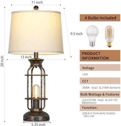 28" Vintage Table Lamps for Living Room, Industrial Farmhouse Table