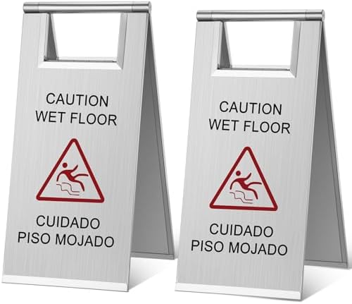 Kigley 2 Pcs Wet Floor Sign, 17 Inch Stainless Steel Caution Wet Floor