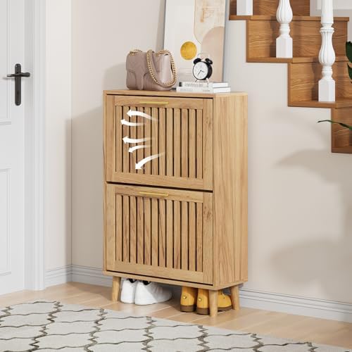 Shoe Storage Cabinet with Louvered 2 Flip Drawers, Narrow Shoe Cabinet