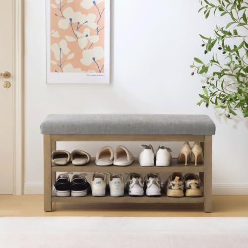 Zihanhome 2 Tier Shoe Rack Bench with Cushion, Solid Wood Shoe