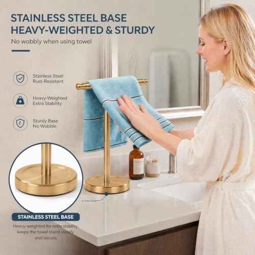 Hand Towel Holder, Stainless Steel Towel Holder Stand for Bathroom, Kitchen Countertop, T-Shaped Hand Towel Rack Stand (Gold, Stainless Steel Base)