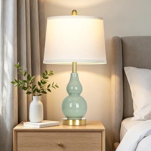 25" Green Double Gourd Ceramic Lamps Set of 2, Modern Ceramic Table