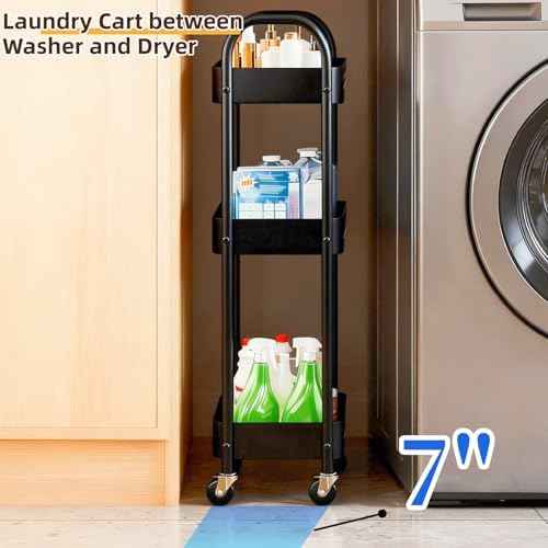 3 Tier Slim Metal Rolling Storage Cart for Laundry Room & Kitchen Organizer, 7.1'' Thin Standing Shelf for Narrow Spaces, Skinny Utility Cart with Wheels & Casters for Bathroom, Black