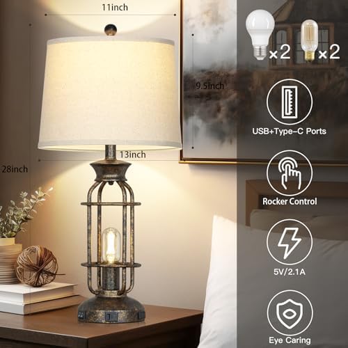 28" Vintage Table Lamps for Living Room, Industrial Farmhouse Table