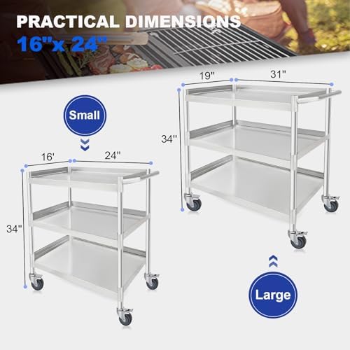 3-Shelf Stainless Steel Rolling Utility Cart - Heavy-Duty Metal Mobile