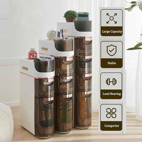 4 Tiers Narrow Bathroom Storage Cabinet with 3 Drawers,Movable Bathroom Floor Storage Cabinet with and Tissue Holder,Slim Cabinet for Small Space,Bathroom, Kitchen