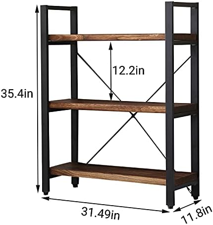 WH-AOERPUMY Natural Real Solid Wood Bookcase,3 Tier Metal and Wood