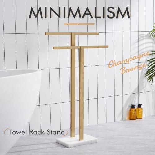 KOKOSIRI Bathroom Towel Rack 2-Tier Free Standing Towel Bars with Marble Base, Stainless Steel Stand Towels Holder, Thicken Steady Design, Champagne Bronze THS0003-CPG