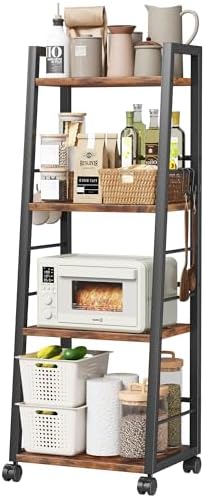 Homeiju 4 Tier Kitchen Storage Cart with Lockable Wheels & 6 Hooks