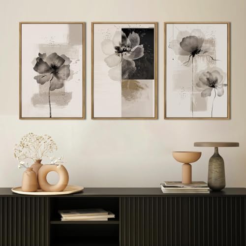 IARTTOP Neutral flower Framed Wall Art 16x24 Inch Black Beige Abstract