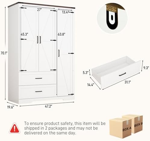 Hlivelood 3 Doors Wardrobe Armoire Closet with Doors and Drawers