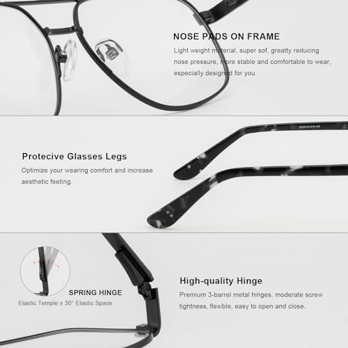 RBPilot Square Metal Aviator Reading Glasses for Men - Blue Light