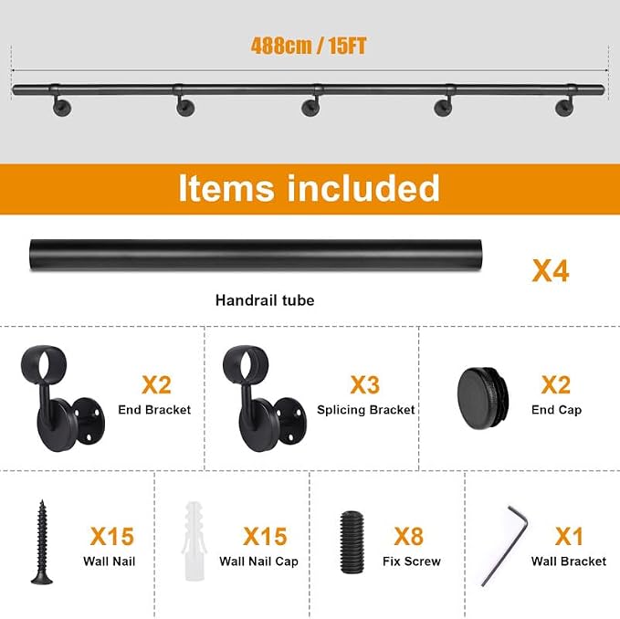 15Ft Industrial Metal Stairs Handrail Kit, Sturdy Wall Mount Aluminum Hand Rail - Image 2