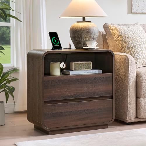 Standifurno Walnut Curved Nightstand Set of 2 with Charging Station