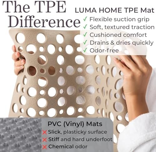 Non Slip Shower Mat for Bathtub, Beige TPE Bath Mat with Strong