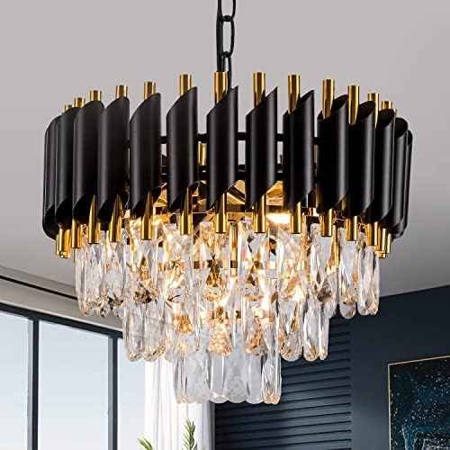 3-Tier Black Gold Crystal Chandelier 5-Light 15’’ Modern Crystal